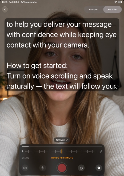 GoTeleprompter on iPad: large script text over the camera with the words-per-minute speed control
