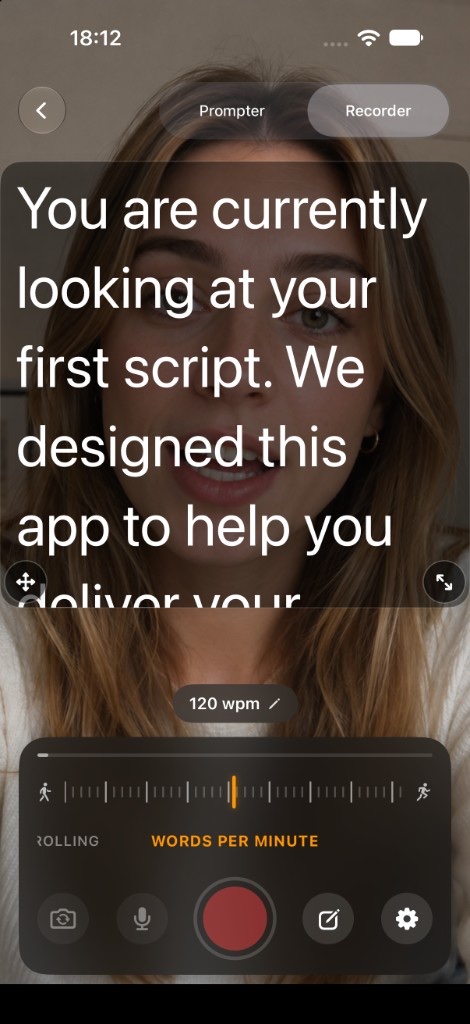GoTeleprompter on iPhone: the script scrolls over the camera while recording